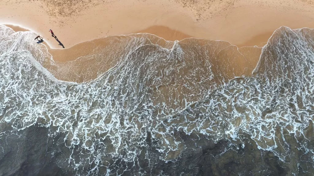 Aerial view of people walking along the beach with a dog near Salt, O'Sullivan Beach