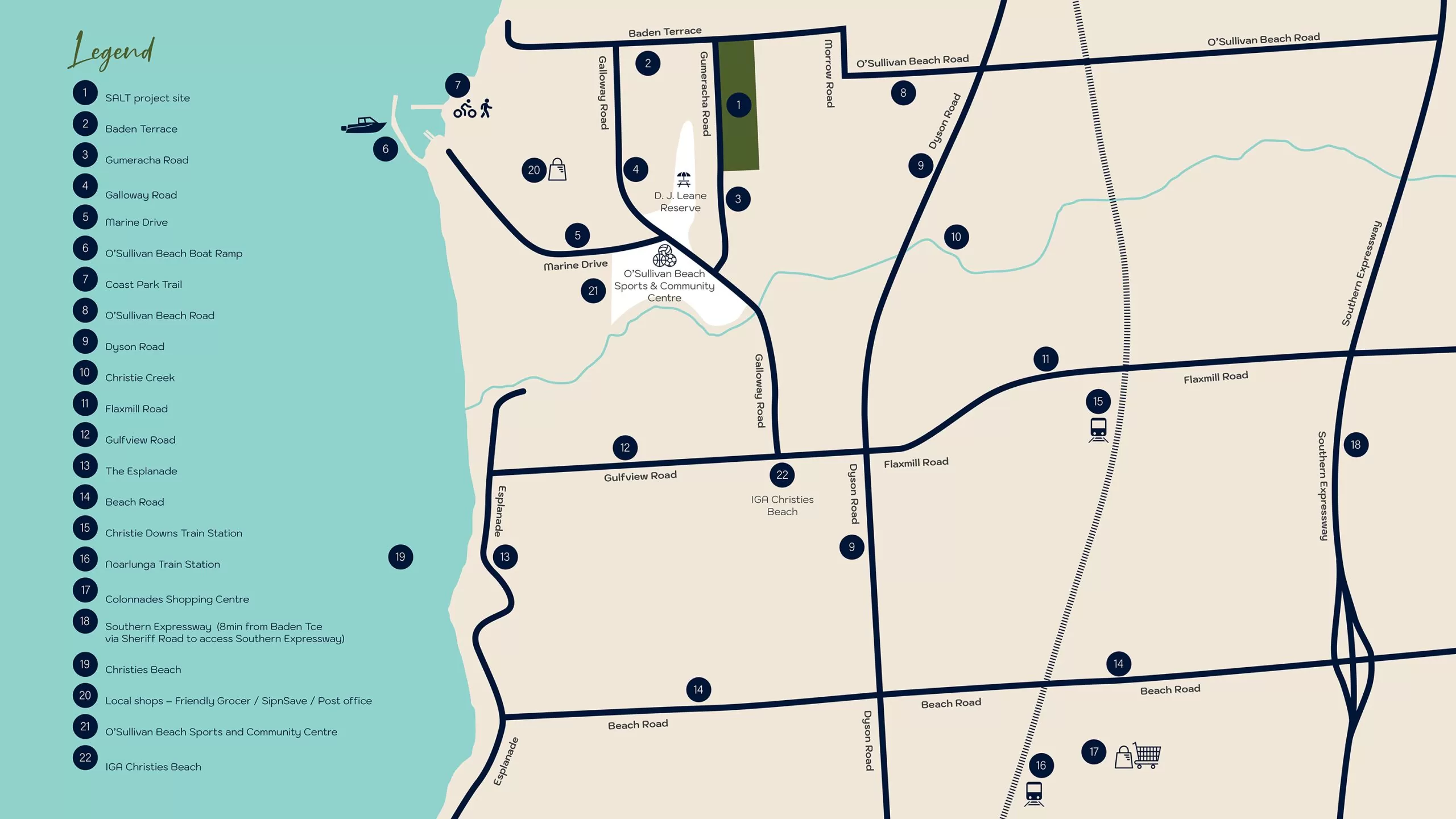 Map of local amenities surrounding Salt, O'Sullivan Beach